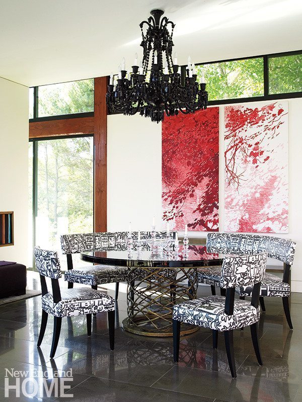 Galleries New England Home An Artful Bronze Base Table And A Baccarat Chandelier Lend Drama To The Breakfast Area Where Clerestory Windows Pull In Additional Light