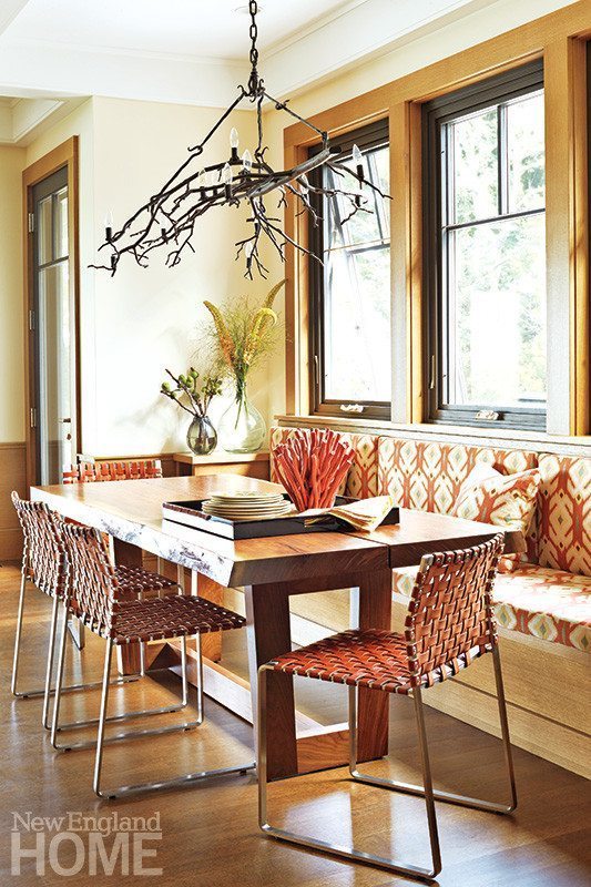 Galleries New England Home The Breakfast Area Sports A Live Edge Table From Dennis Miller And Branch Chandelier Paul Ferrante