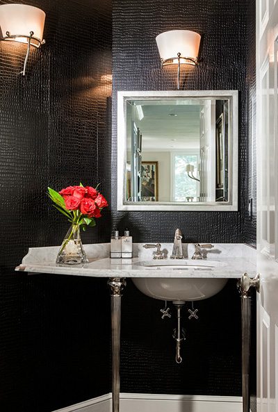 Powder Room with Black Leather Walls
