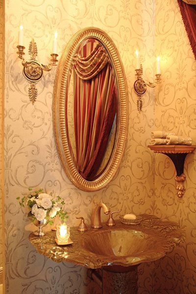 French Style Powder Room with Gold Sink 