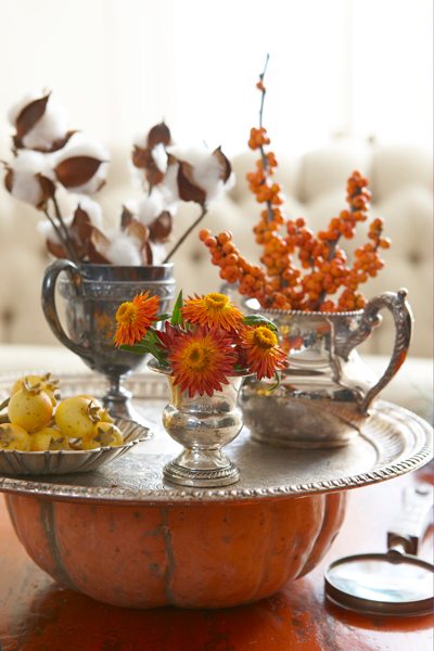 Thanksgiving Floral Arrangement in Antique Silver Containers