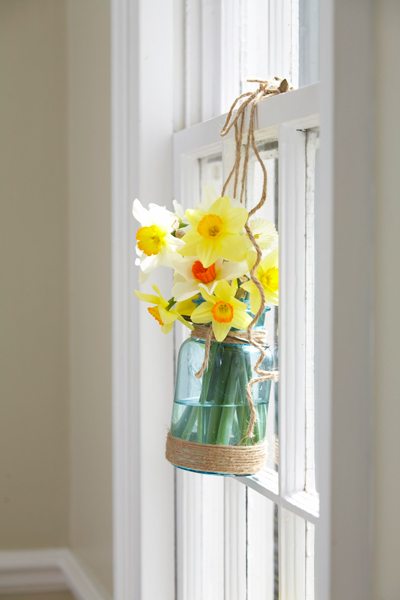 Daffodil bouquet in a sunny window 