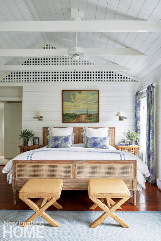 Galleries New England Home Magazine In The Master Bedroom Burlap Clad X Benches From Safavieh Flank Cane Bed