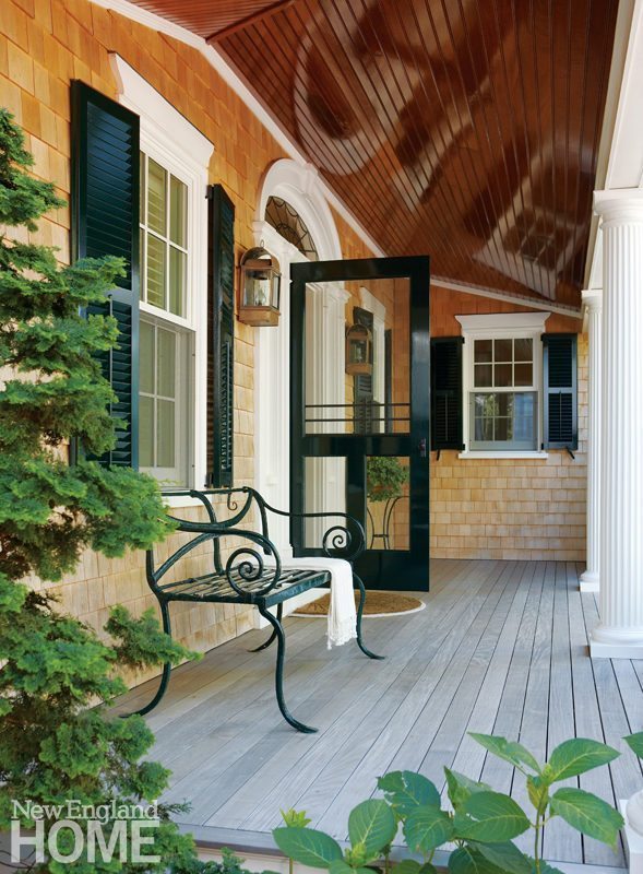 An Updated Greek Revival In Edgartown New England Home A Vintage Bench Flanks The Entry To New Bedroom Wing Beadboard Ceiling Is Repeated Throughout Interior For Cozy Nautical Touch