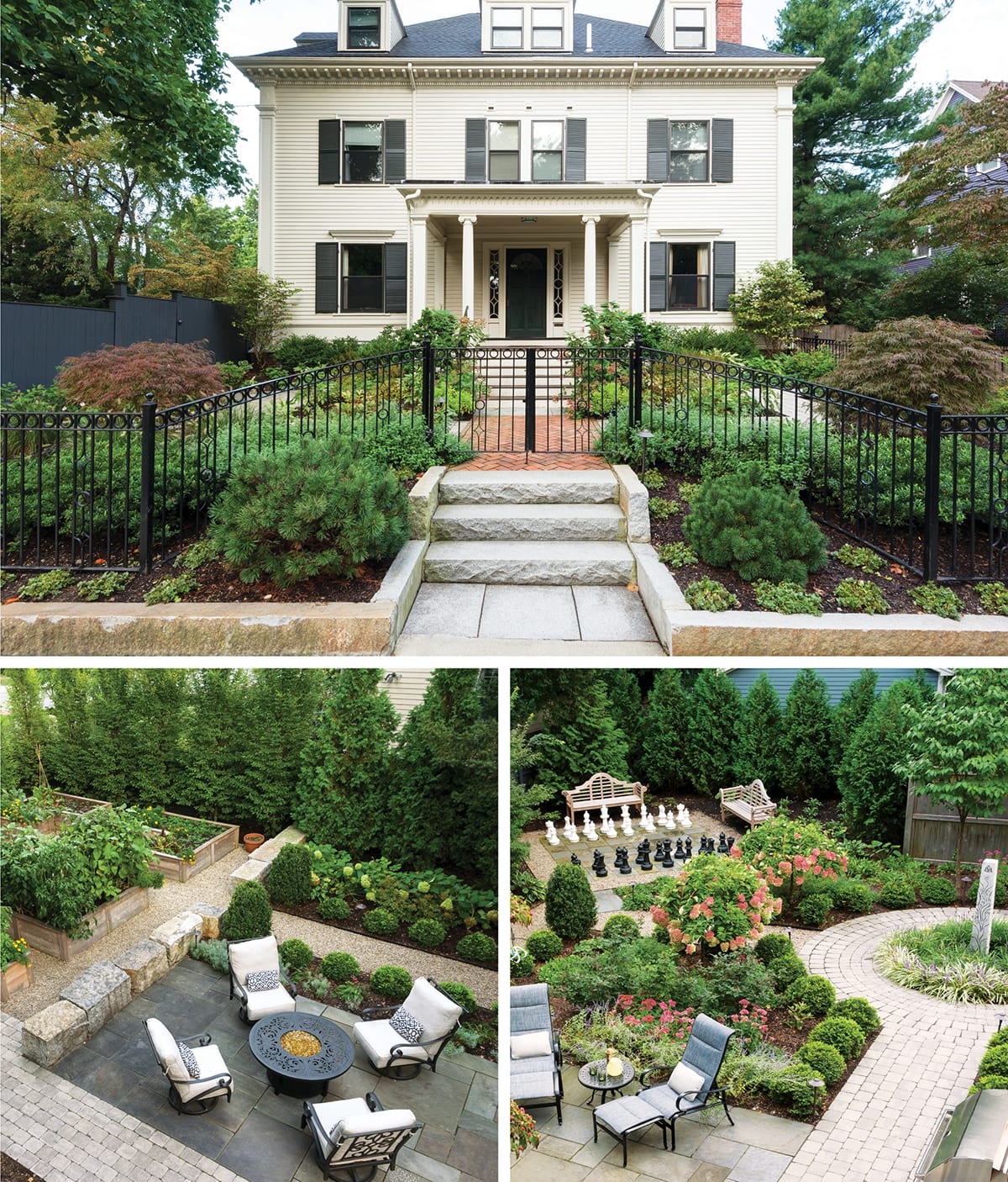 The exterior of a house in Cambridge plus two aerial shots of the backyard featuring a fire pit, lounge chairs and a life-size chess board.