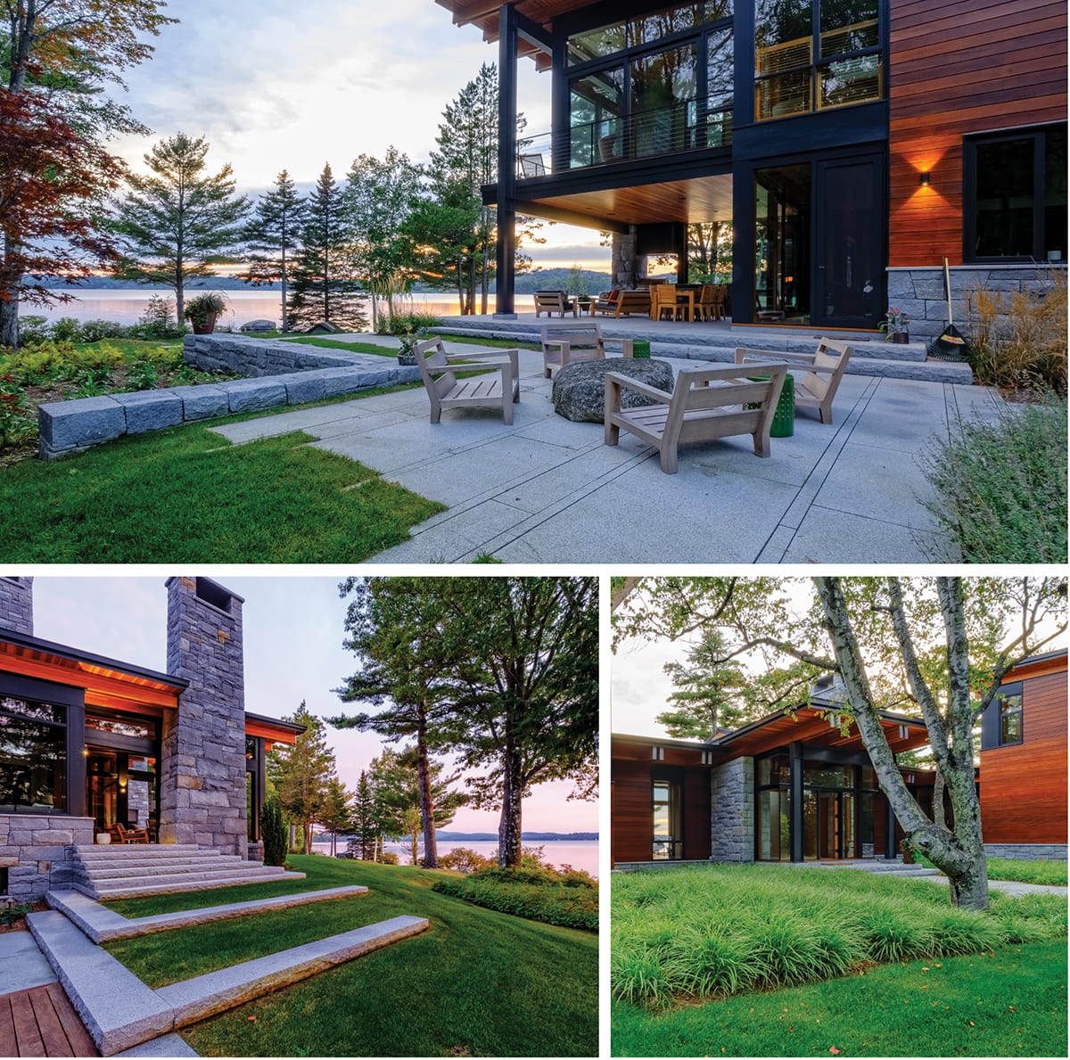 The exterior of a New Hampshire lake house plus photos of the green lawn and modern architecture.