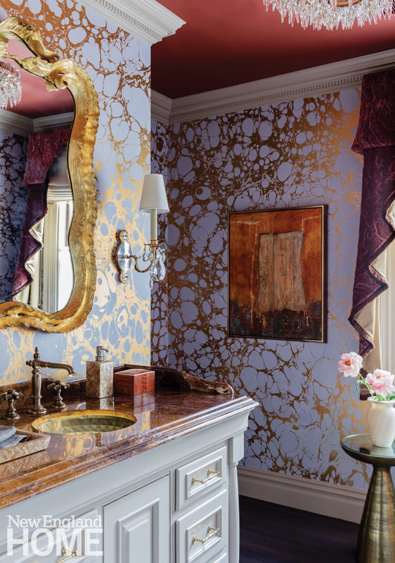 Galleries New England Home A Red Ceiling And Gold White Wallpaper Lend Powder Room Drama That Surprises Compared To The Quiet Palette Of Rest First Floor