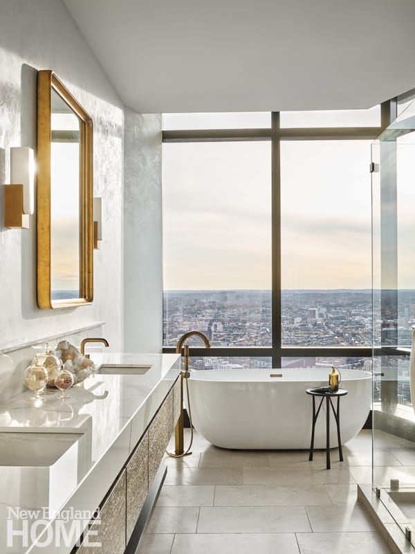 Bathroom overlooking city of Boston 
