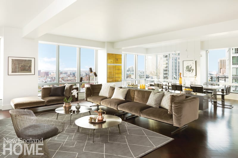 Contemporary Boston condominium with neutral furnishings. 